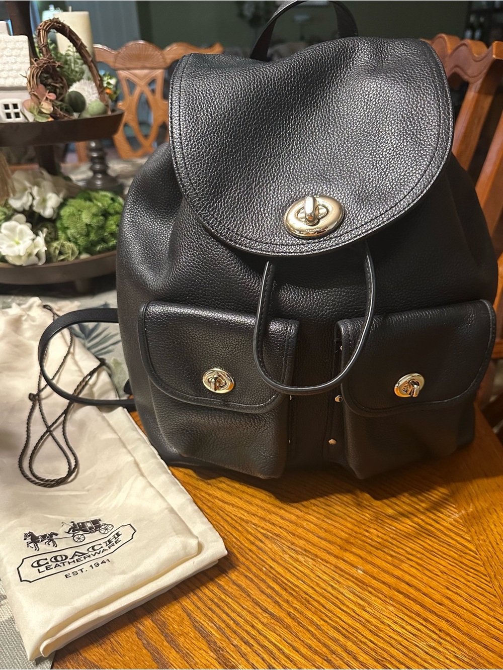 Coach Black Pebbled Leather Backpack with Gold Hardware